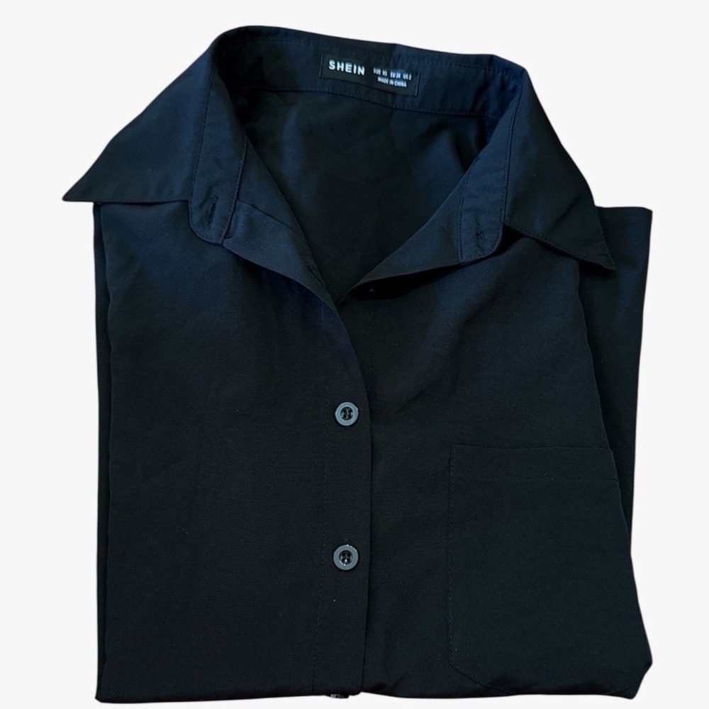 SHEIN Womens Solid Black‎ Button Down Long Sleeve Shirt Blouse XS Pocket